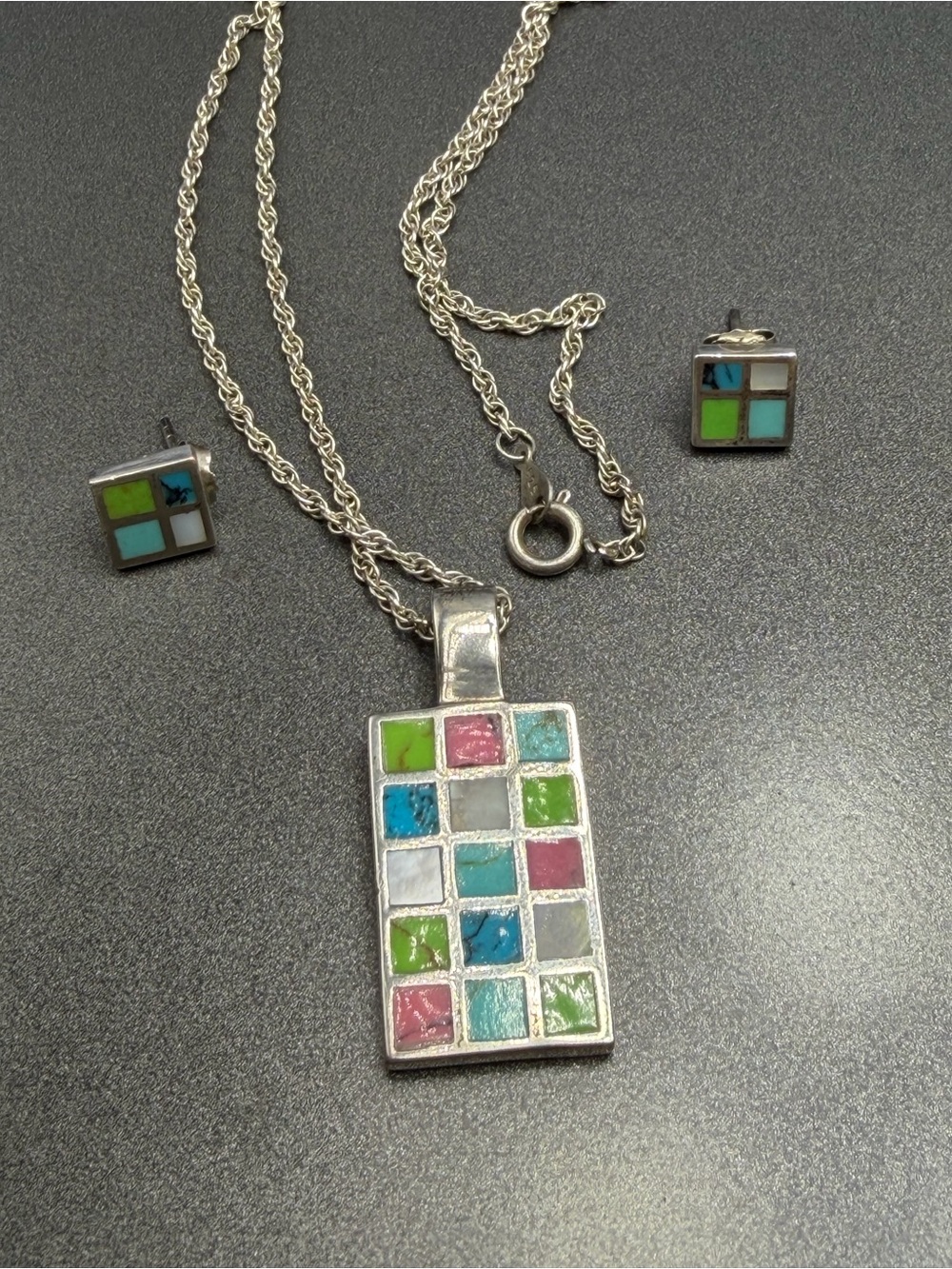 Vintage Sterling Silver Geometric Necklace and Earrings Set #5STN